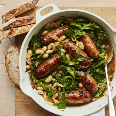 braised-sausages-with-beans-greens