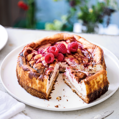 baked-vanilla-raspberry-swirl-cheesecake