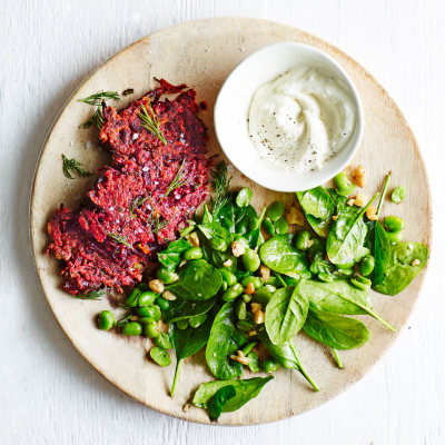 beetroot-fritters-with-horseradish-cream-and-spinach-and-walnut-salad