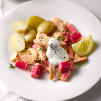 butter-poached-trout-with-chilli-rhubarb-and-almonds