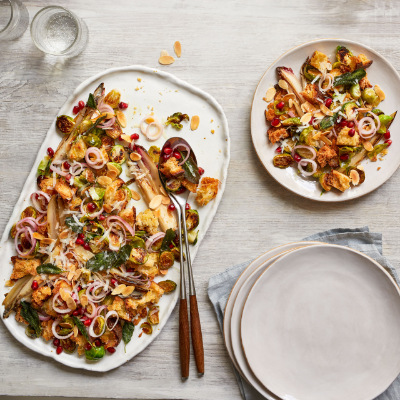 warm-brussels-sprout-panzanella-with-chicory-and-almonds