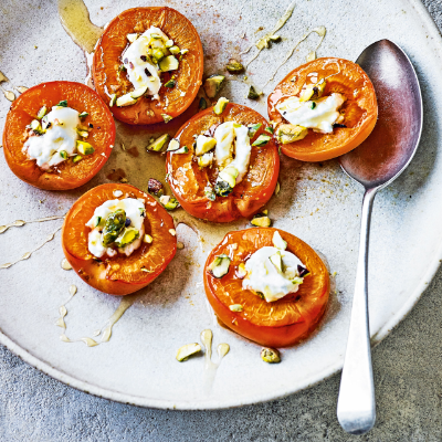 diana-henrys-baked-apricots-with-curd-pistachios-honey