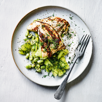 butterflied-chicken-with-broad-bean-dill-cucumber-salad