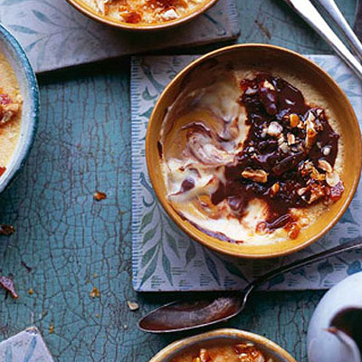 Clementine Flan with Salted Almond Caramel and Chocolate Sauce