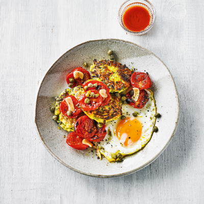 courgette-fritters-roasted-tomatoes-eggs