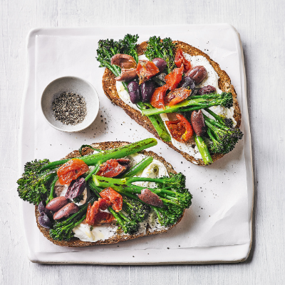 charred-tenderstem-tomato-olive-soft-cheese-toasts