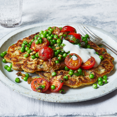 chickpea-pancakes-with-peas-and-tomatoes