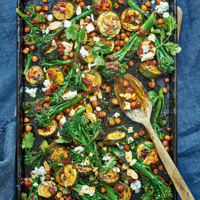 courgette-tenderstem-chickpea-traybake-with-apricot-harissa
