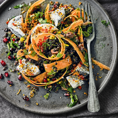 ribbon-carrot-salad-with-lentils-pistachios-goat-s-cheese-clementine