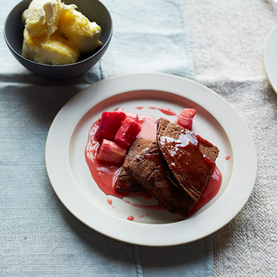 chocolate-ricotta-pancakes-with-poached-rhubarb