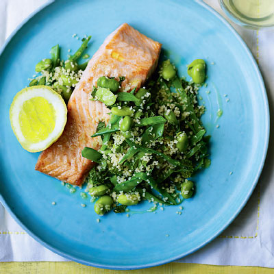 grilled-salmon-with-broad-bean-mange-tout-and-mint-couscous