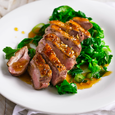 glazed-duck-breast-with-braised-greens
