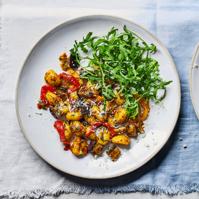 Gnocchi with roasted romano peppers, aubergine, chilli and rocket