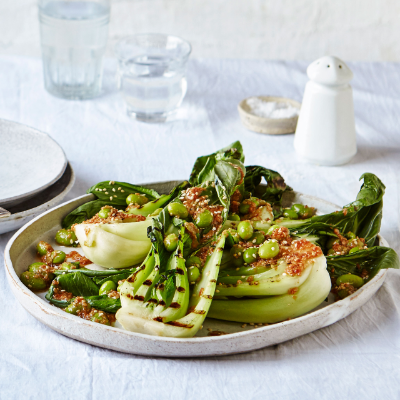 griddled-pak-choi-with-soya-beans-and-toasted-sesame-butter
