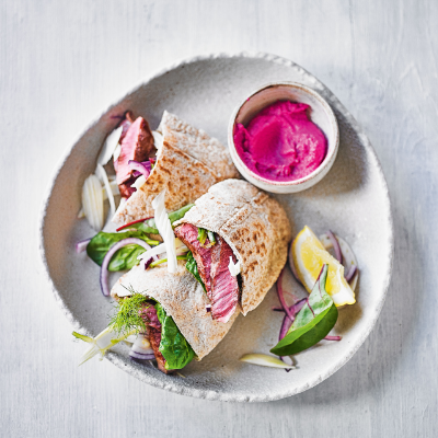 grilled-lamb-pitta-with-fennel-salad-beetroot-houmous