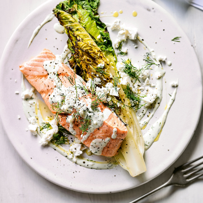 grilled-salmon-romaine-lettuce-with-dill-feta-dressing