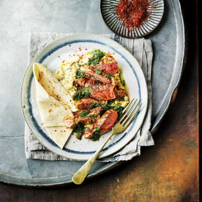 griddled-spiced-lamb-with-avocado-houmous-herb-oil