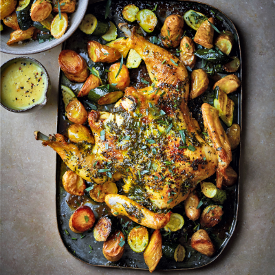herb-butter-spatchcock-chicken-with-roast-potatoes-courgettes