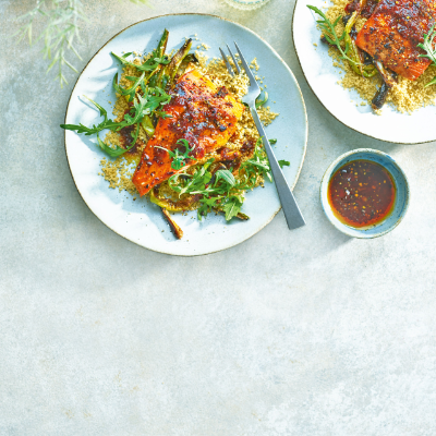 harissa-glazed-salmon-with-griddled-salad-onions