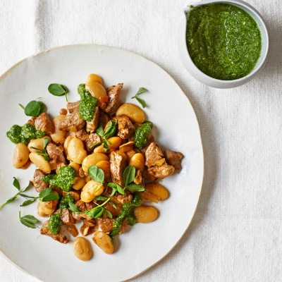 lamb-and-butter-beans-with-pea-shoot-pesto-dressing