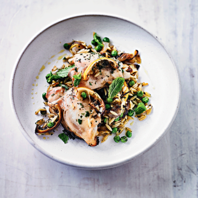 lemon-roast-chicken-with-minted-pea-orzo