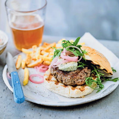 lamb-anchovy-burgers-with-stilton-butter-pickled-shallots