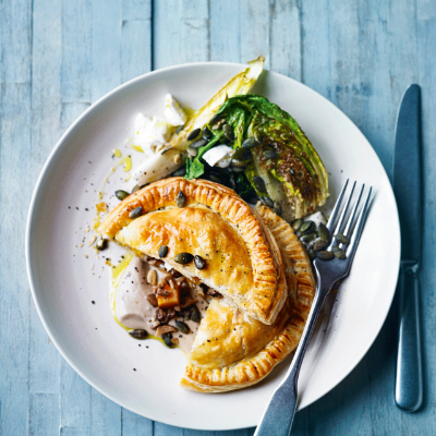mushroom-squash-pithivier-with-chestnut-sauce-red-chard-goat-s-cheese-salad