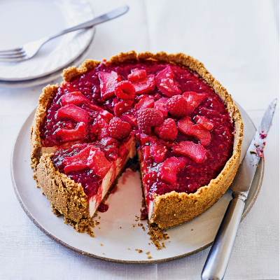martha-collisons-baked-vanilla-cheesecake-with-raspberry-rhubarb