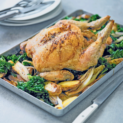 one-pot-roast-chicken-with-garlicky-potatoes-greens