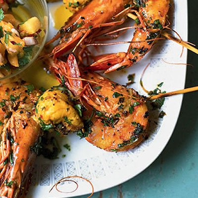 Prawn and Monkfish skewers with pineapple and mango salsa