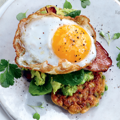 pea-fritters-with-bacon-spinach-and-fried-duck-eggs
