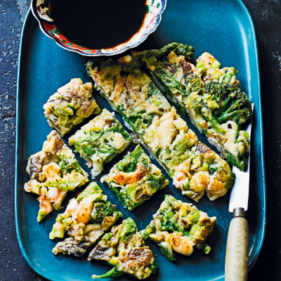 pajeon-with-broccoli-shiitake-prawns