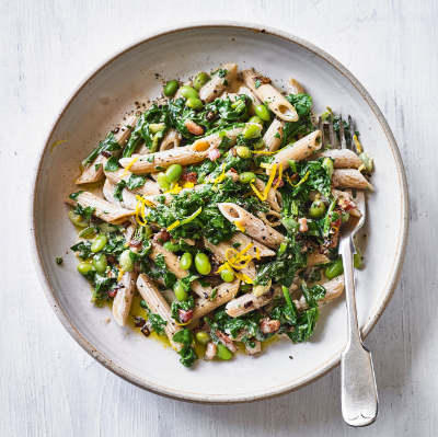 penne-with-broad-beans-spinach-pancetta