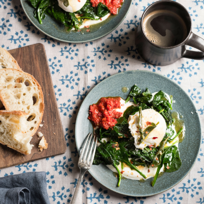 poached-eggs-with-spinach-chilli-butter-seasoned-yogurt-and-rose-harissa