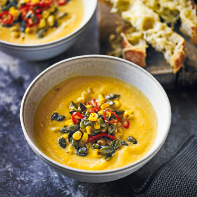 pumpkin-soup-with-cheesy-toast-chilli-corn-seeds