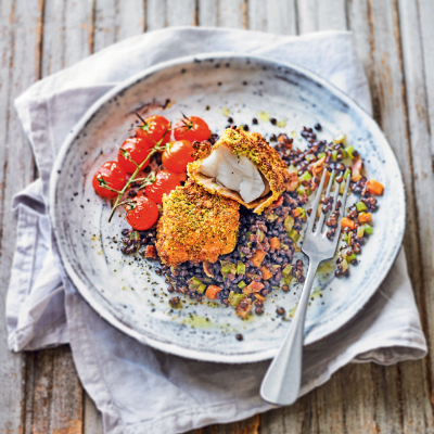 pistachio-crusted-cod-with-lentils