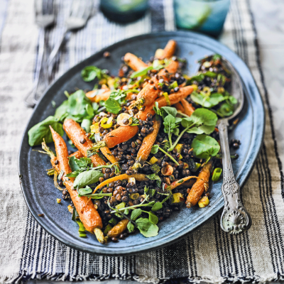 puy-lentils-with-roasted-baby-top-carrots-mint