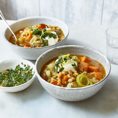Pearl barley soup with salsa verde