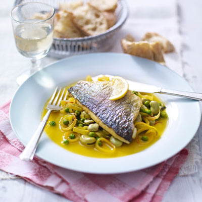 pan-fried-sea-bass-with-saffron-braised-peas-and-broad-beans