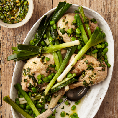 poached-chicken-with-leeks-broad-beans-herby-sauce
