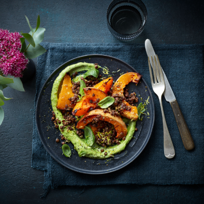 roasted-squash-and-lentils-with-green-goddess-avocado-sauce