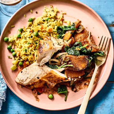 rich-seasoned-rice-with-caribbean-style-roast-chicken-roasted-pumpkin-spinach