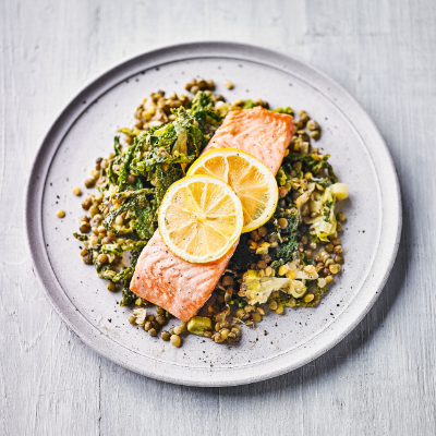 rainbow-trout-with-mustardy-lentils-savoy-cabbage