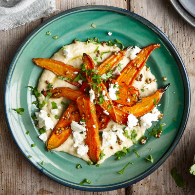 roast-carrots-with-coriander-seeds-and-feta-on-chick-pea-and-tahini-pure