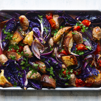 roasted-red-cabbage-sausage-and-tomato-traybake