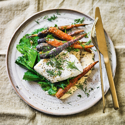 roast-halibut-rainbow-carrots-with-wilted-greens-hollandaise