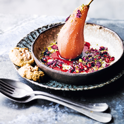 rose-poached-pears-with-walnut-cookies
