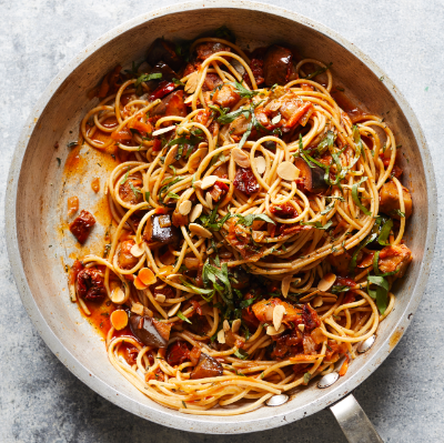 spelt-pasta-with-aubergine-sun-dried-tomato-rag