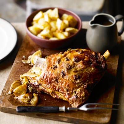 slow-roast-shoulder-of-lamb-with-anchovy-oregano-garlic-with-roast-potatoes