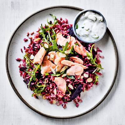 smoked-trout-beetroot-red-rice-salad-with-yogurt-dressing